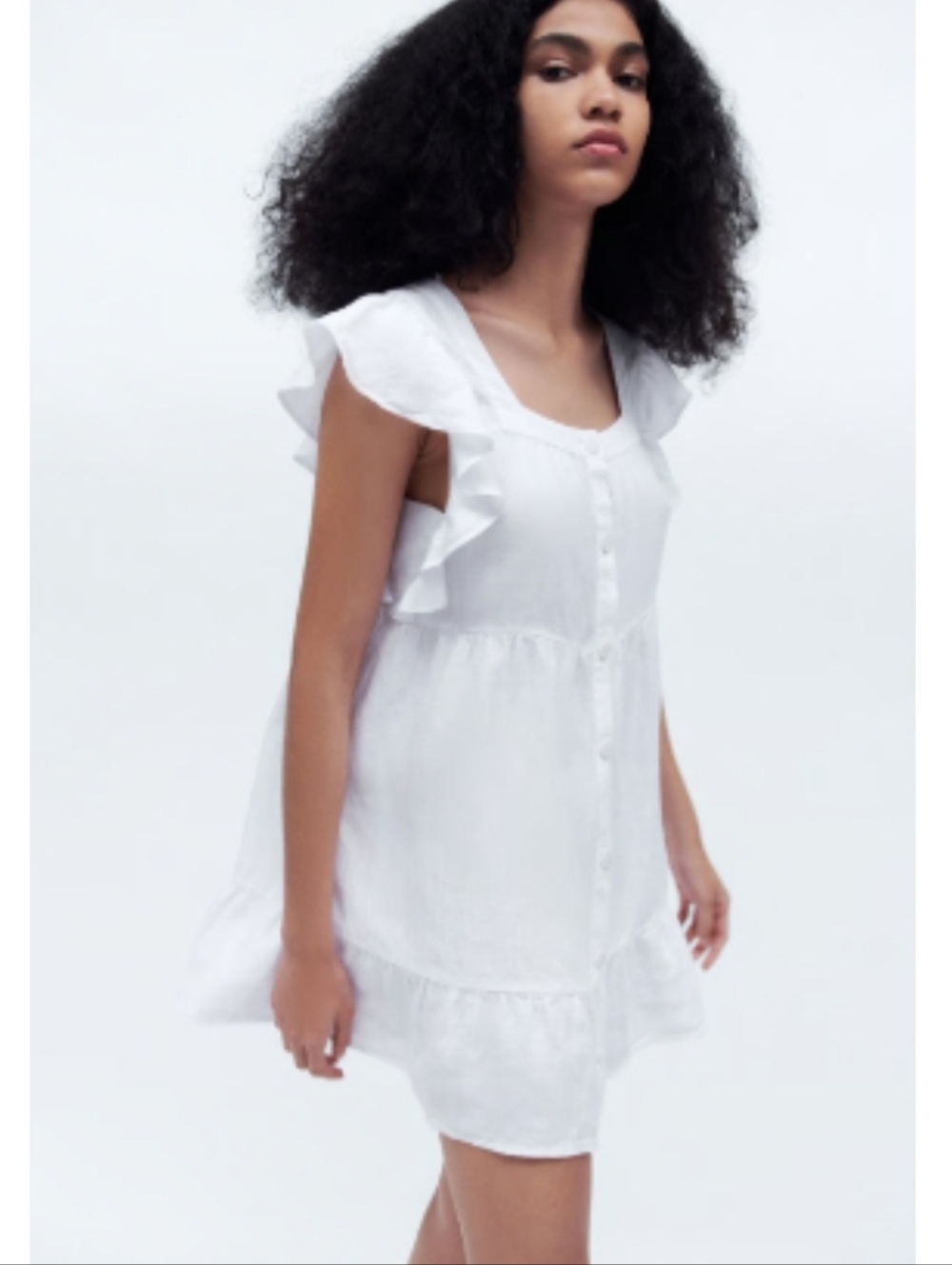 Zara White Linen Mini Dress Babydoll Flutter Cap Sleeve Button Front Square Neck